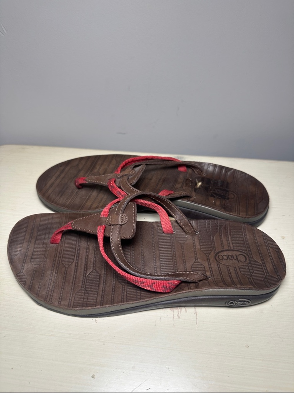 Chaco Red and Brown Flip Flops